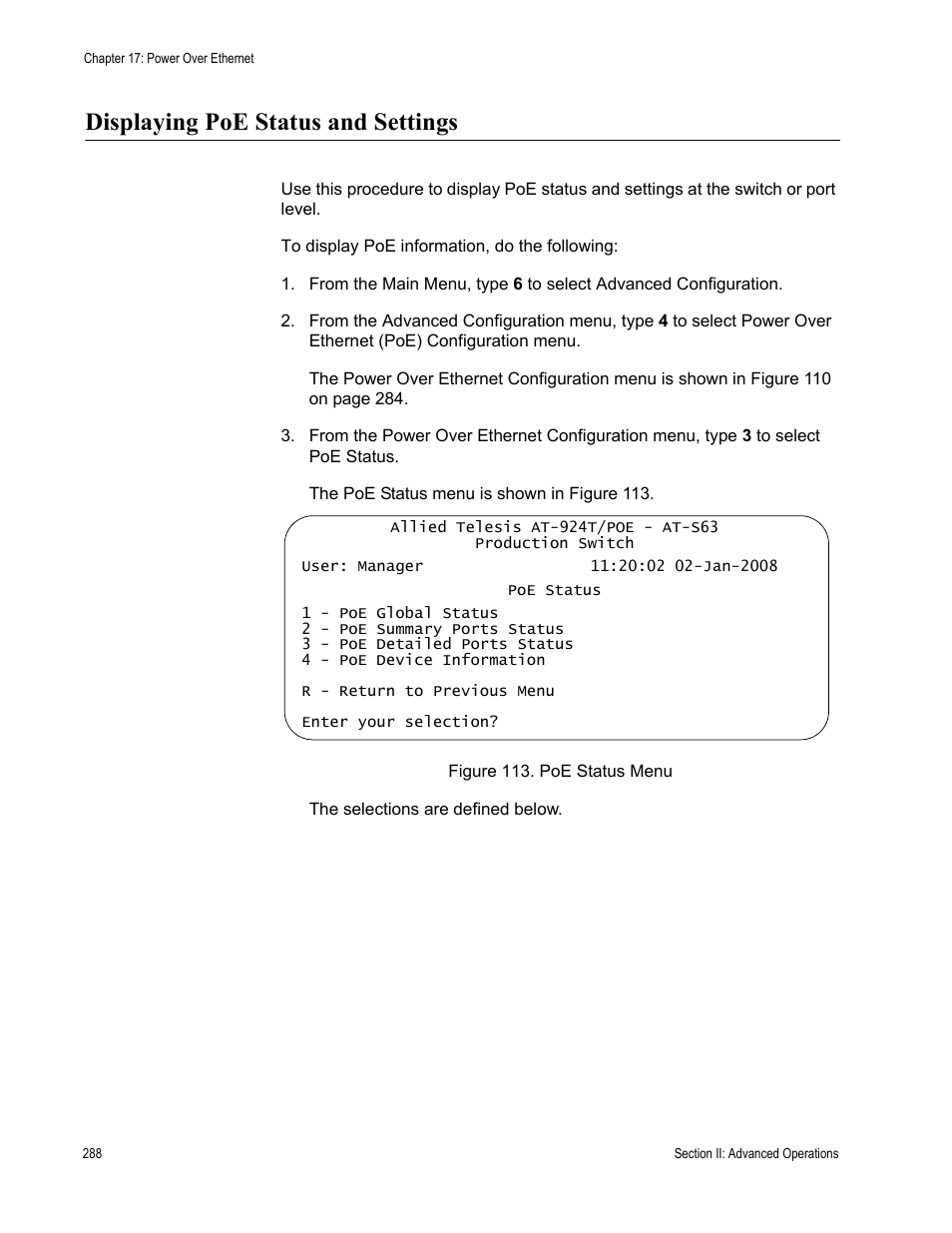 Displaying poe status and settings, Figure 113: poe status menu | Allied Telesis AT-S63 User Manual | Page 288 / 668