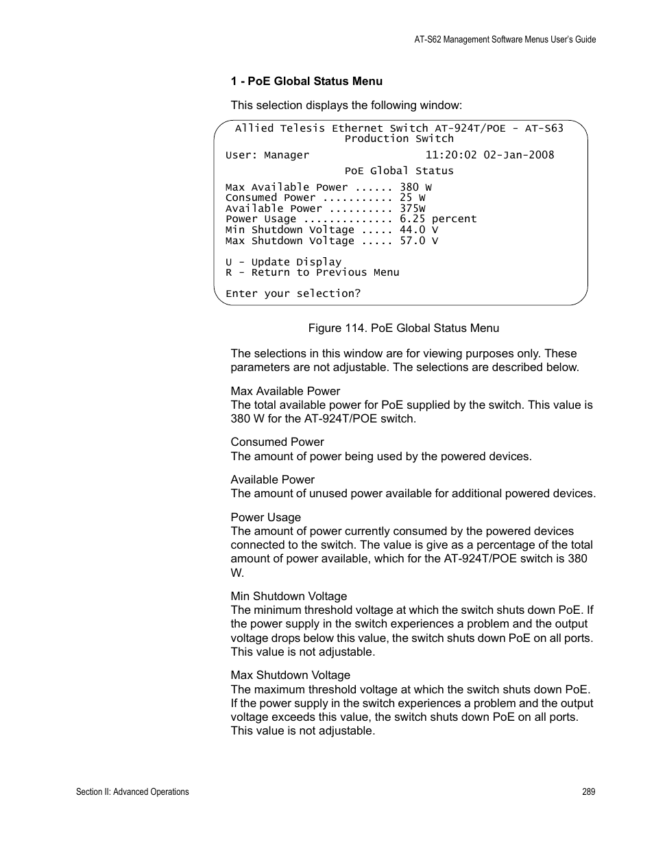 Figure 114: poe global status menu | Allied Telesis AT-S63 User Manual | Page 289 / 668