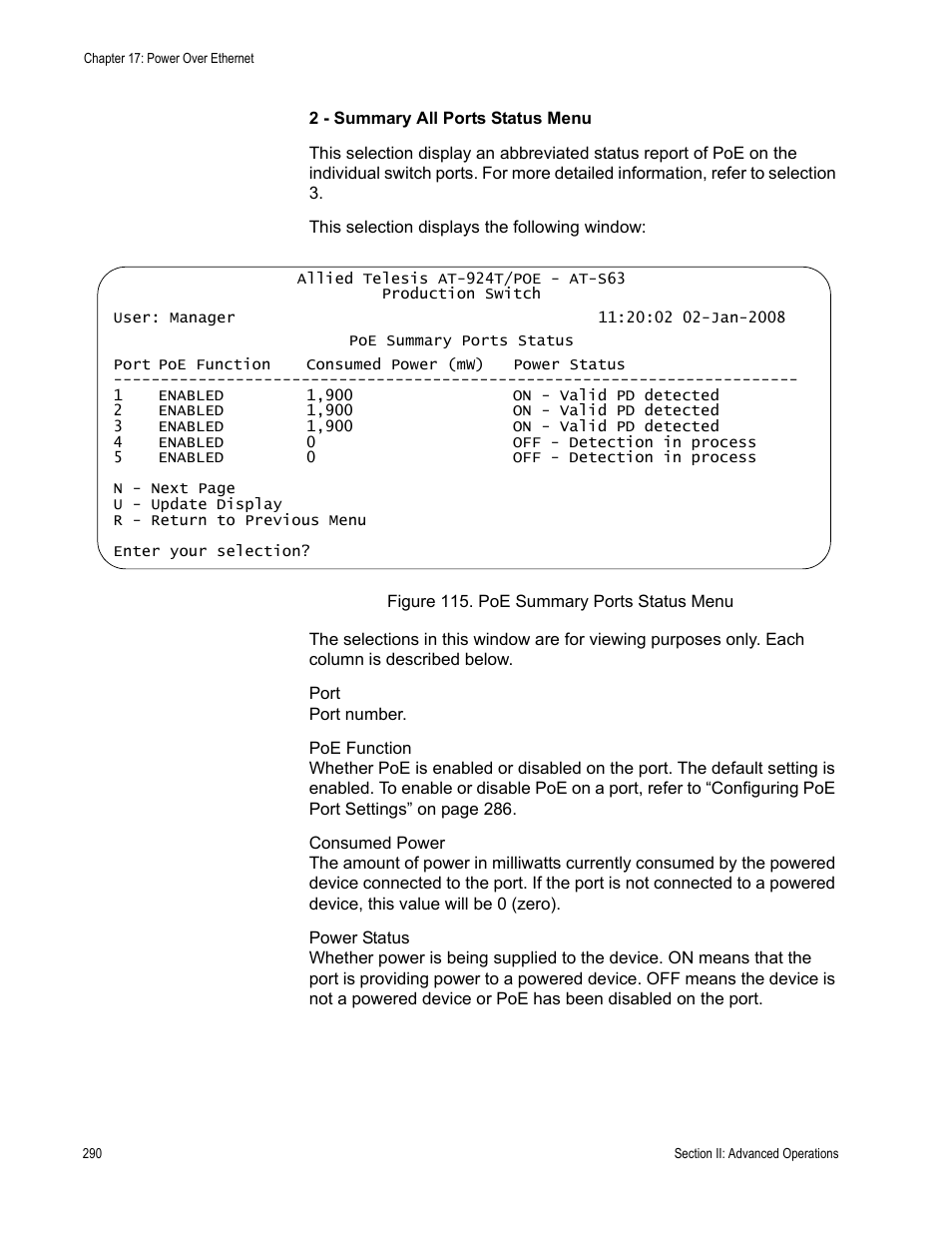 Figure 115: poe summary ports status menu | Allied Telesis AT-S63 User Manual | Page 290 / 668