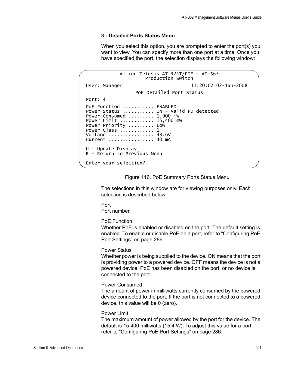 Figure 116: poe summary ports status menu | Allied Telesis AT-S63 User Manual | Page 291 / 668