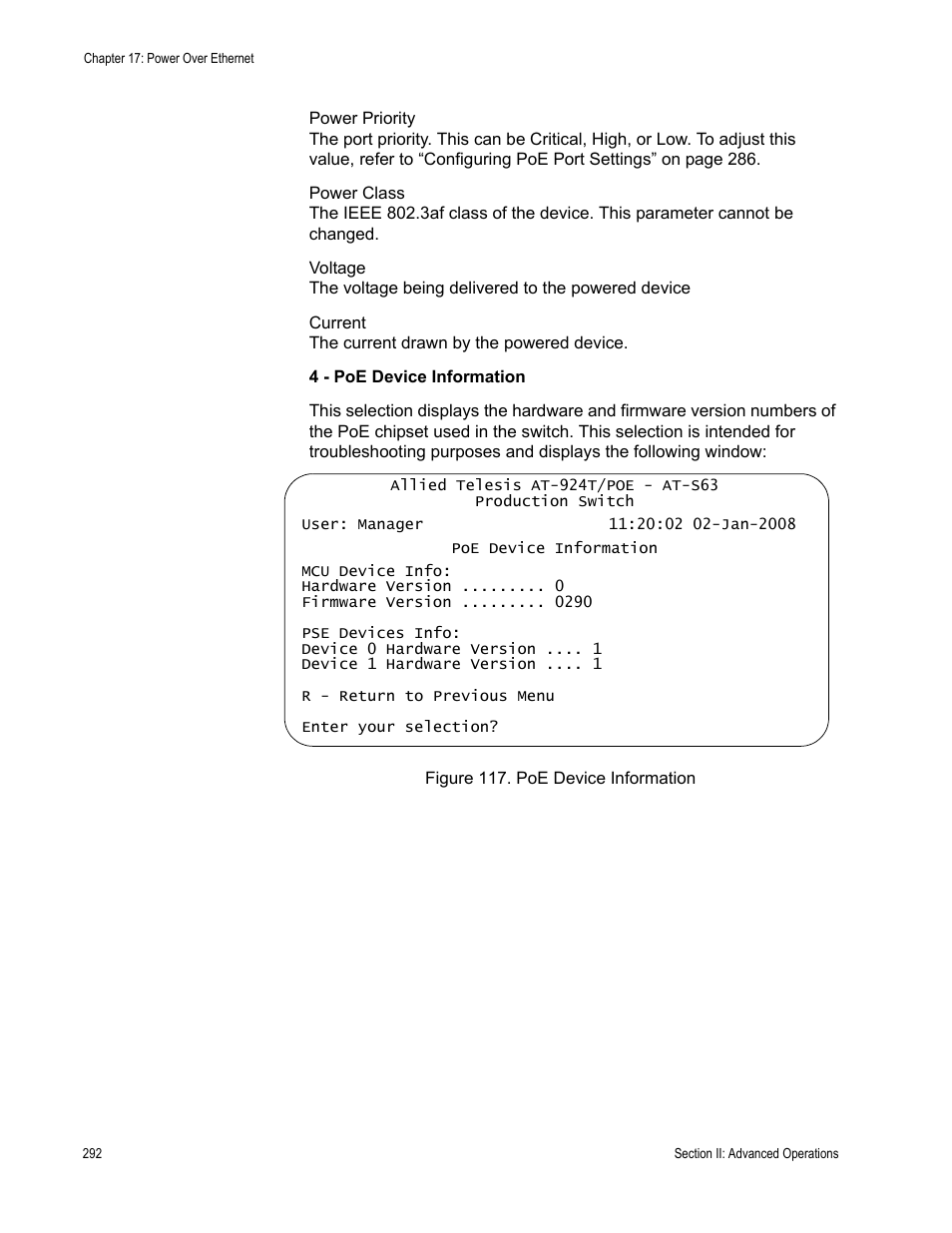 Figure 117: poe device information | Allied Telesis AT-S63 User Manual | Page 292 / 668