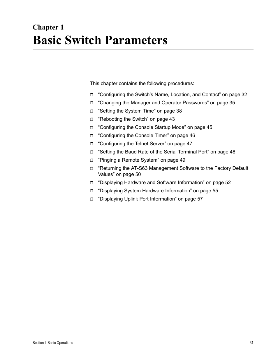 Chapter 1, Basic switch parameters | Allied Telesis AT-S63 User Manual | Page 31 / 668