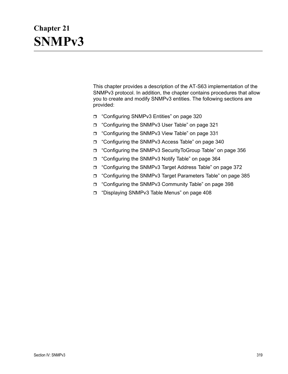 Chapter 21, Snmpv3 | Allied Telesis AT-S63 User Manual | Page 319 / 668