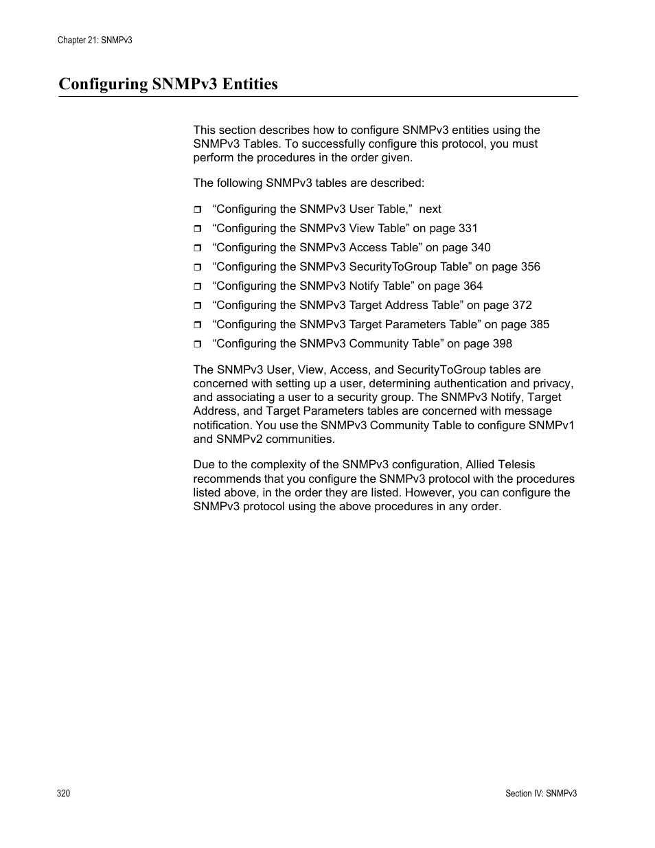 Configuring snmpv3 entities | Allied Telesis AT-S63 User Manual | Page 320 / 668