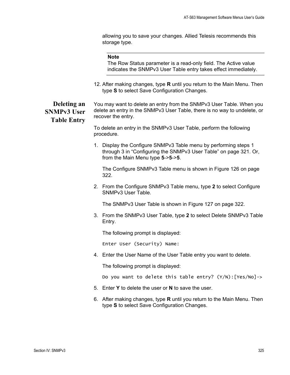 Deleting an snmpv3 user table entry | Allied Telesis AT-S63 User Manual | Page 325 / 668