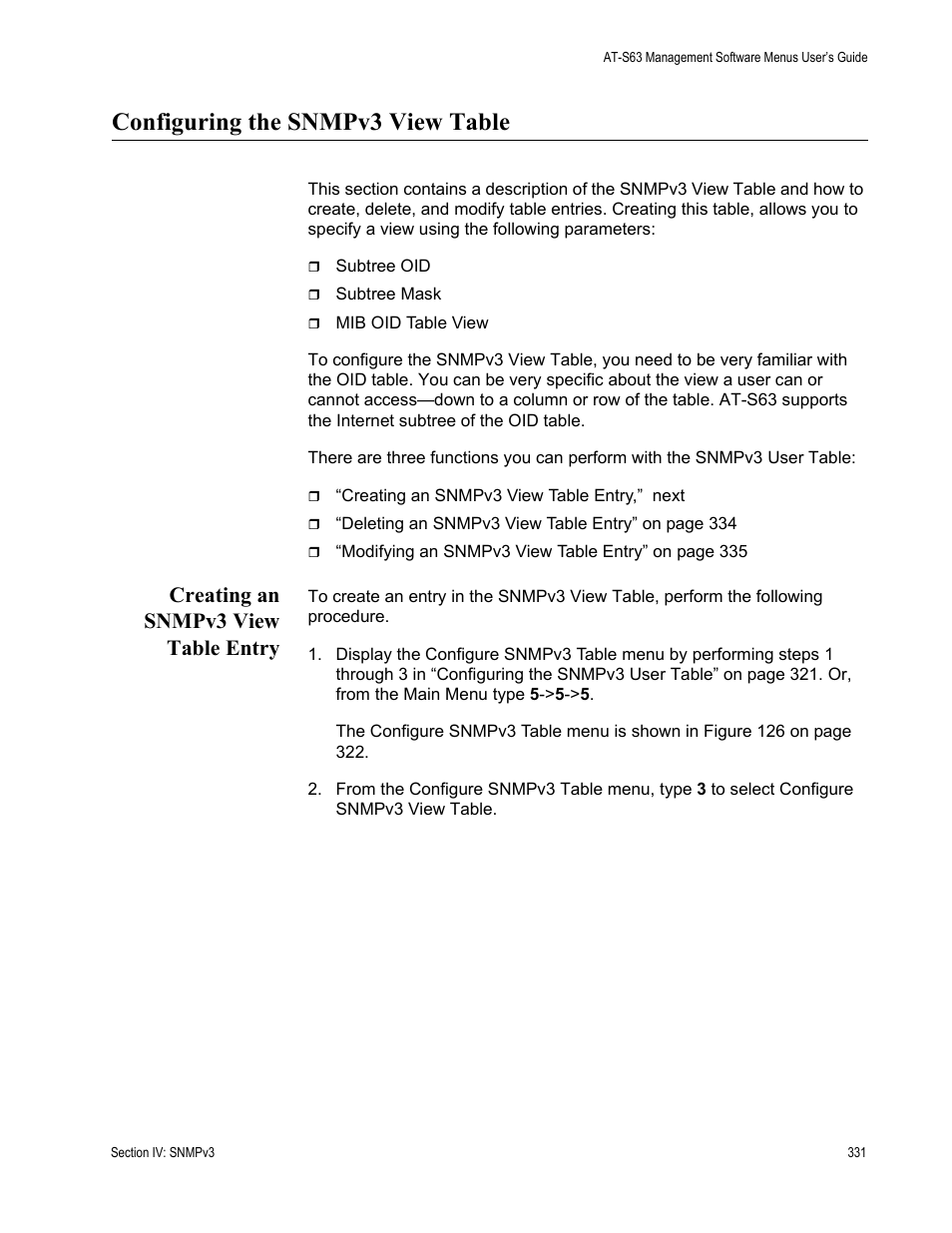 Configuring the snmpv3 view table, Creating an snmpv3 view table entry | Allied Telesis AT-S63 User Manual | Page 331 / 668