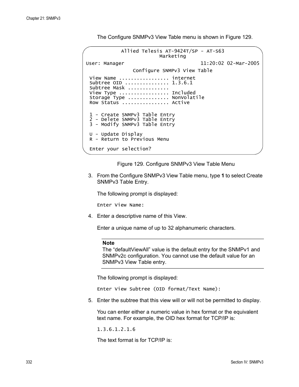 Figure 129: configure snmpv3 view table menu | Allied Telesis AT-S63 User Manual | Page 332 / 668