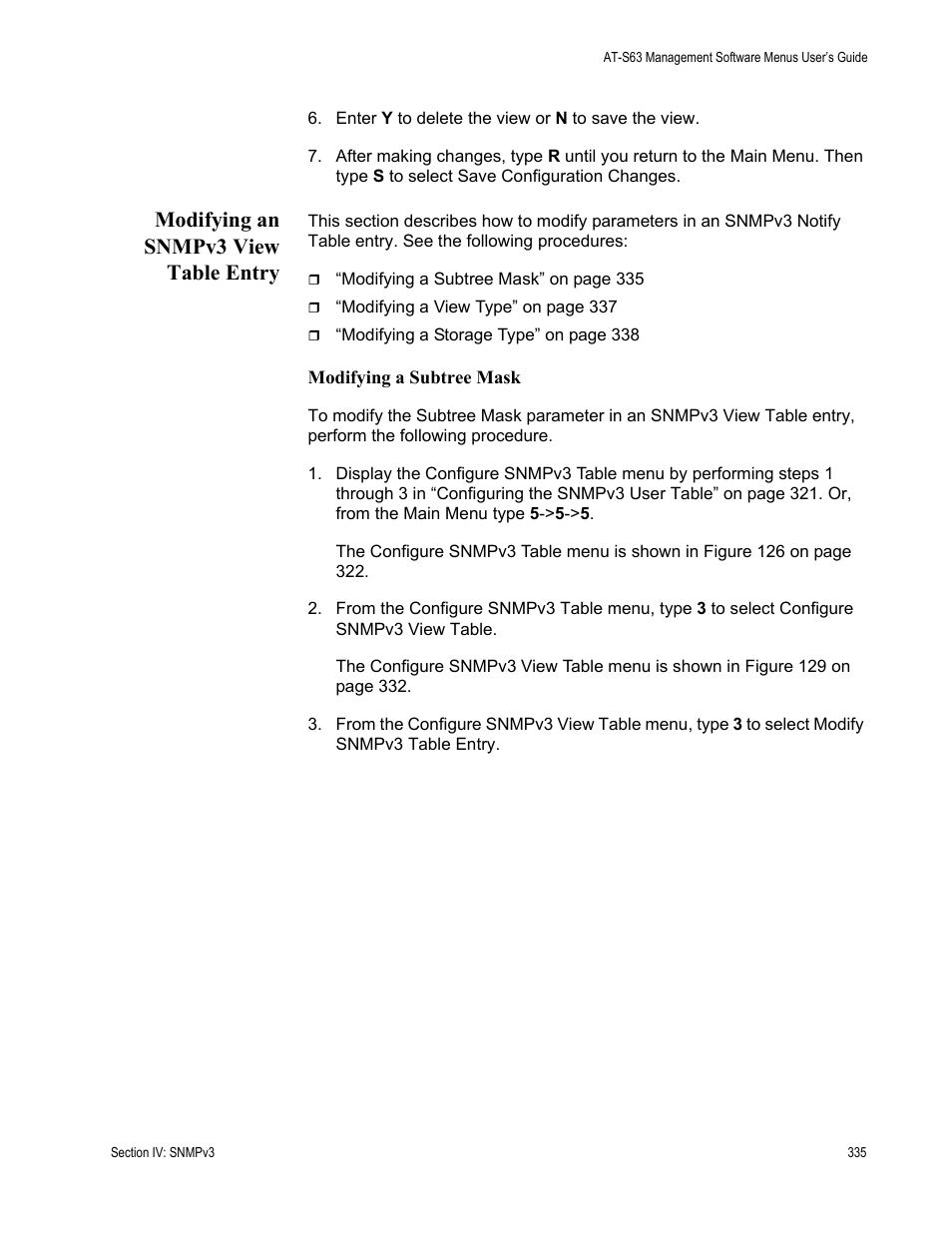 Modifying an snmpv3 view table entry | Allied Telesis AT-S63 User Manual | Page 335 / 668
