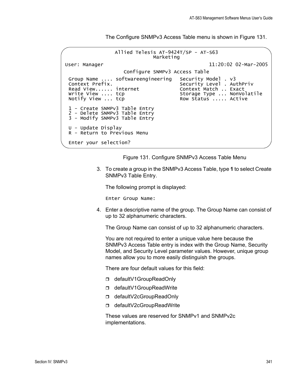 Figure 131: configure snmpv3 access table menu | Allied Telesis AT-S63 User Manual | Page 341 / 668