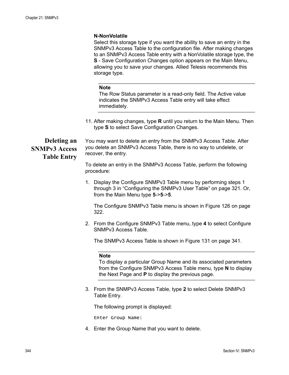 Deleting an snmpv3 access table entry | Allied Telesis AT-S63 User Manual | Page 344 / 668