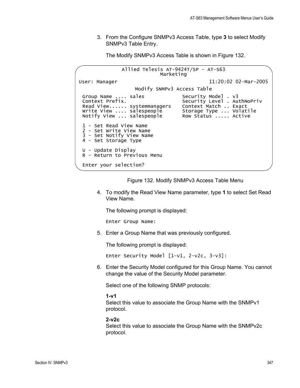 Figure 132: modify snmpv3 access table menu | Allied Telesis AT-S63 User Manual | Page 347 / 668