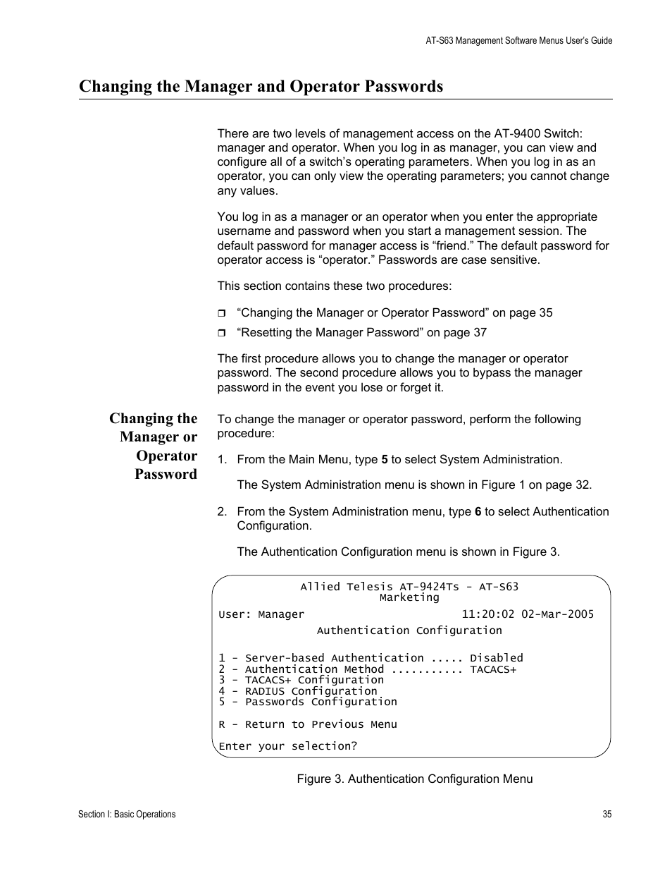Changing the manager and operator passwords, Changing the manager or operator password, Figure 3: authentication configuration menu | Allied Telesis AT-S63 User Manual | Page 35 / 668