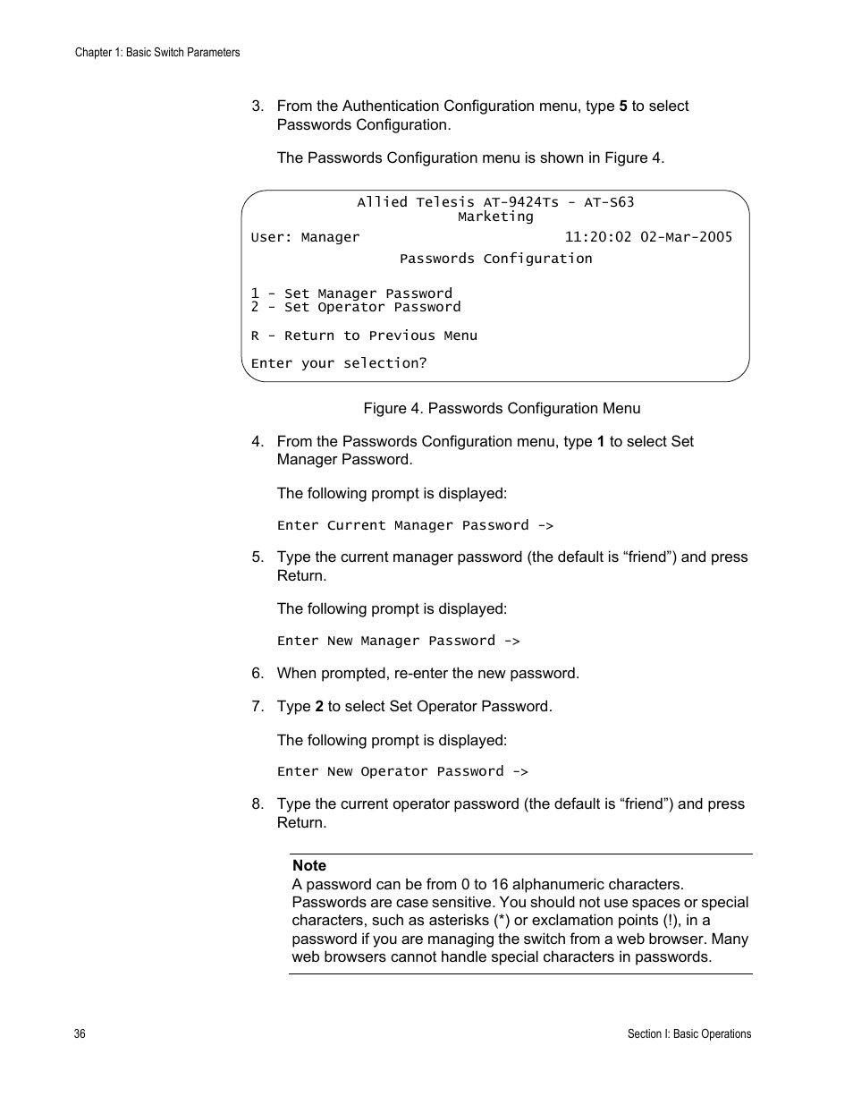 Figure 4: passwords configuration menu | Allied Telesis AT-S63 User Manual | Page 36 / 668