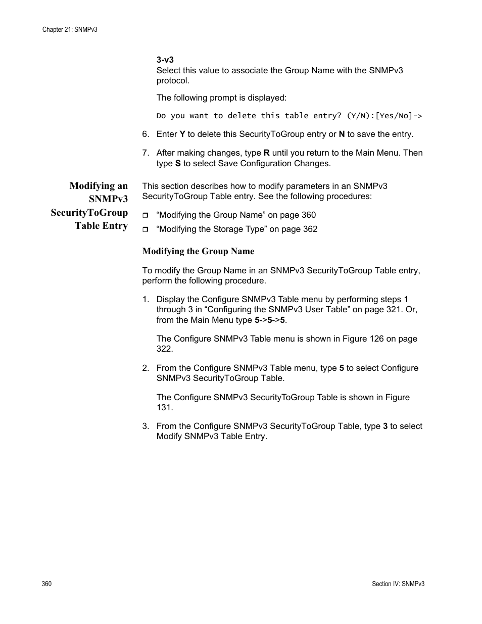 Modifying an snmpv3 securitytogroup table entry | Allied Telesis AT-S63 User Manual | Page 360 / 668