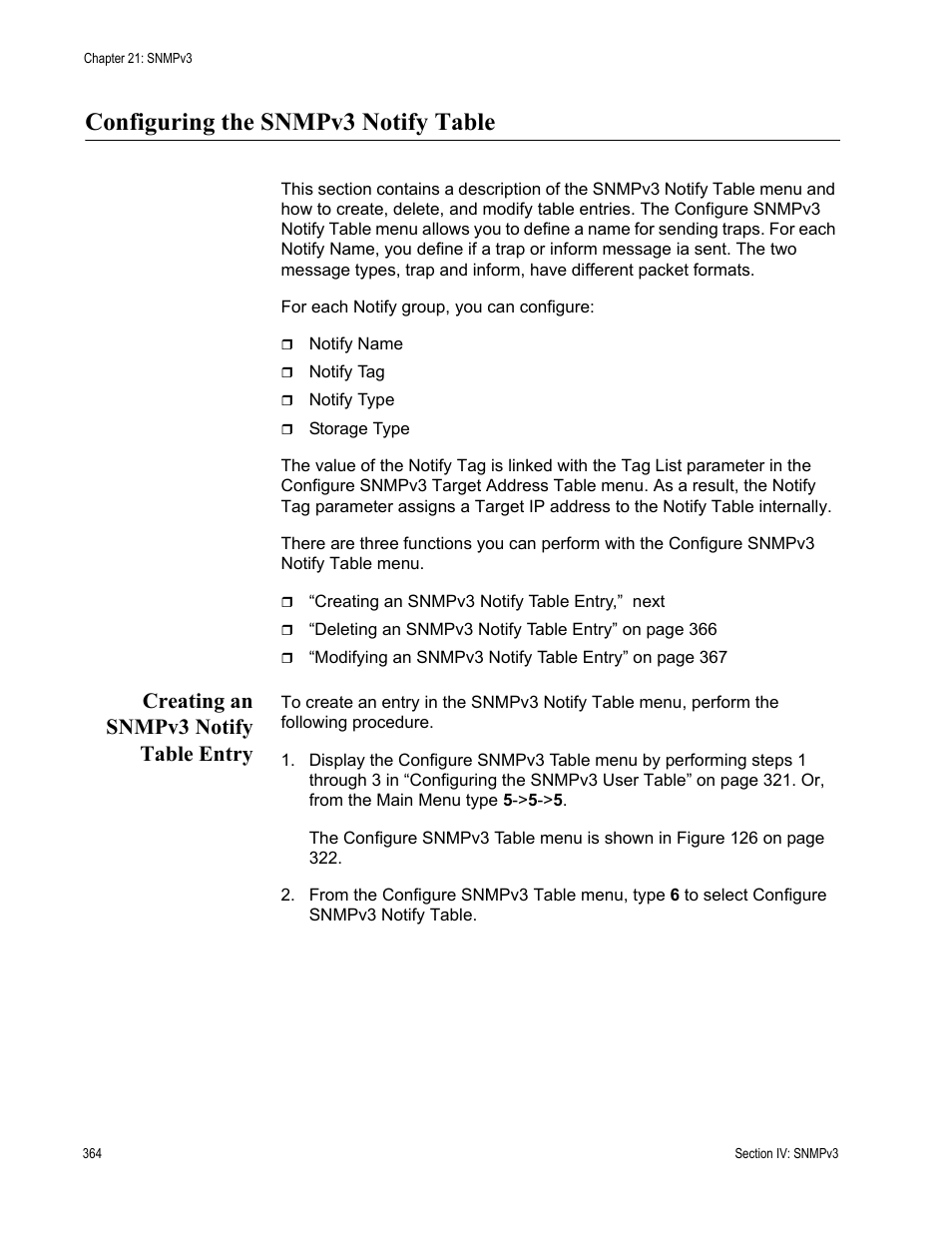 Configuring the snmpv3 notify table, Creating an snmpv3 notify table entry | Allied Telesis AT-S63 User Manual | Page 364 / 668