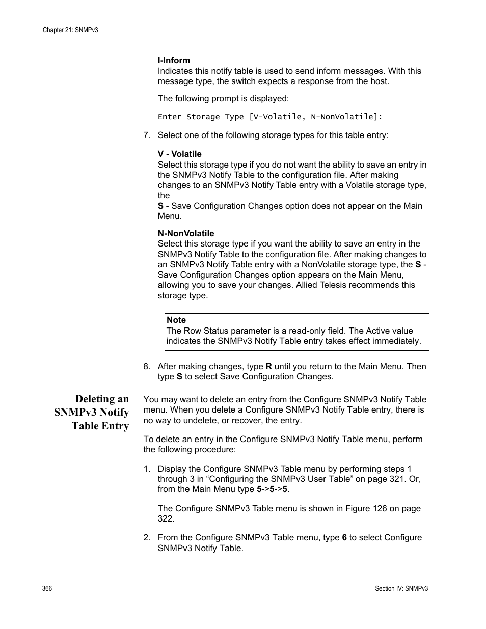 Deleting an snmpv3 notify table entry | Allied Telesis AT-S63 User Manual | Page 366 / 668