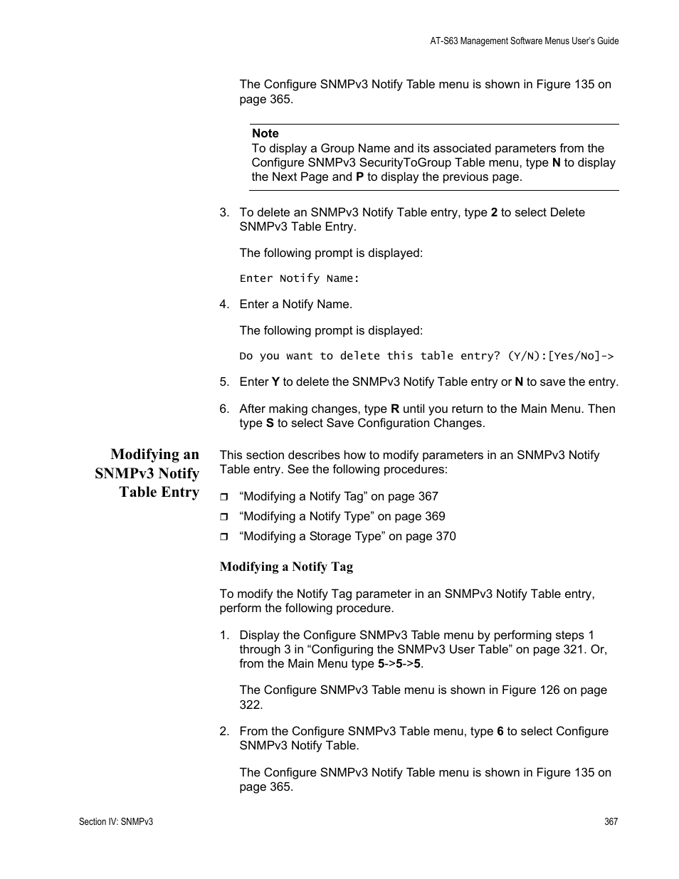 Modifying an snmpv3 notify table entry | Allied Telesis AT-S63 User Manual | Page 367 / 668