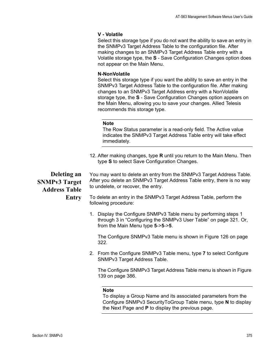 Deleting an snmpv3 target address table entry | Allied Telesis AT-S63 User Manual | Page 375 / 668