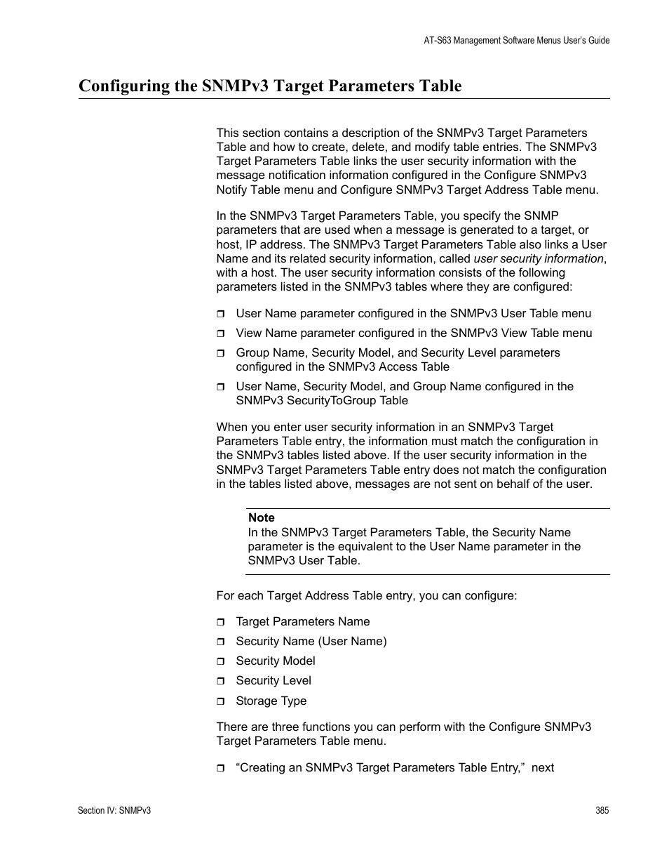 Configuring the snmpv3 target parameters table | Allied Telesis AT-S63 User Manual | Page 385 / 668