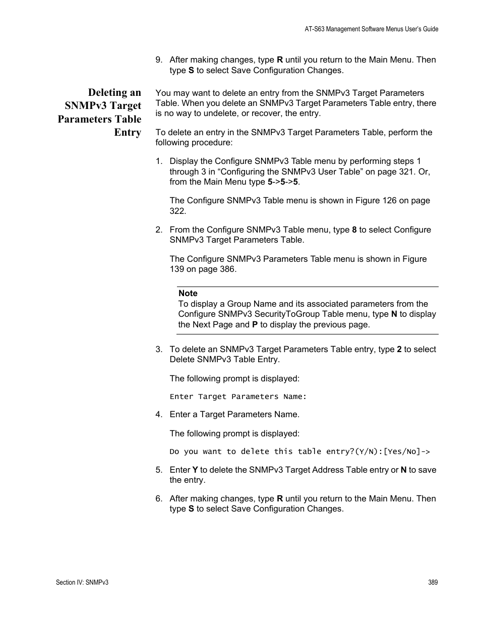 Deleting an snmpv3 target parameters table entry | Allied Telesis AT-S63 User Manual | Page 389 / 668