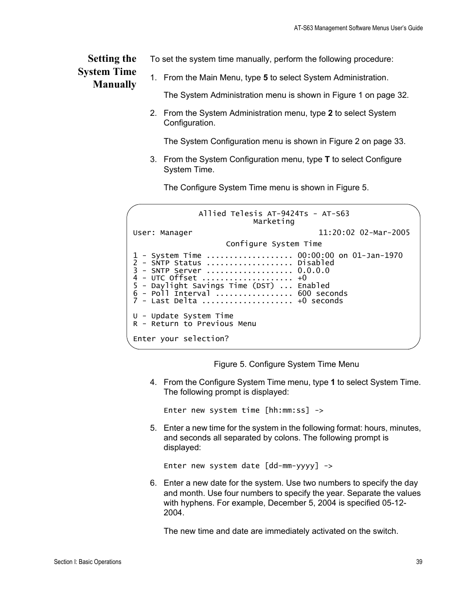 Setting the system time manually, Figure 5: configure system time menu, Setting the system time manually,” next | Allied Telesis AT-S63 User Manual | Page 39 / 668
