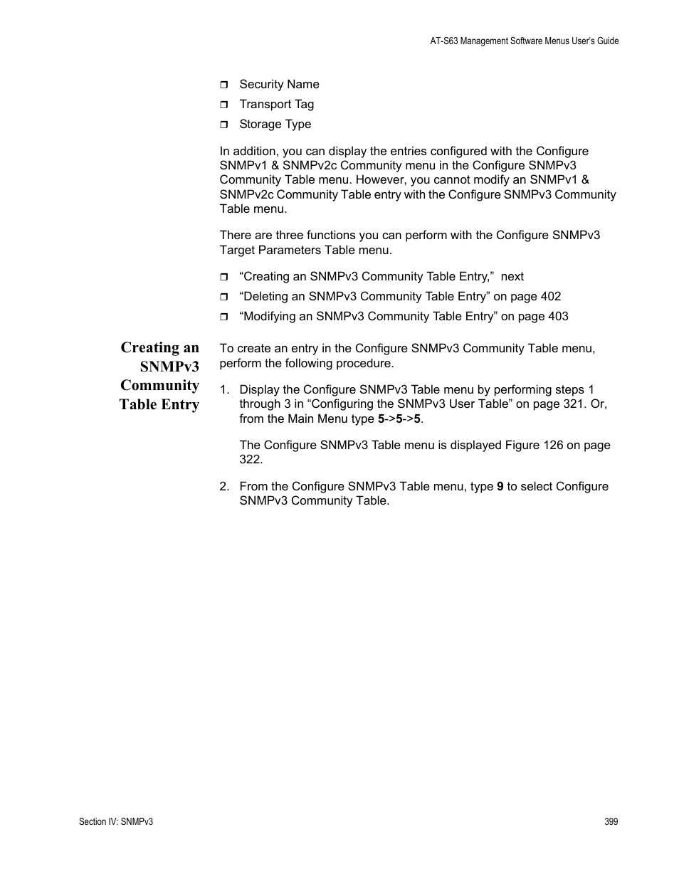 Creating an snmpv3 community table entry | Allied Telesis AT-S63 User Manual | Page 399 / 668
