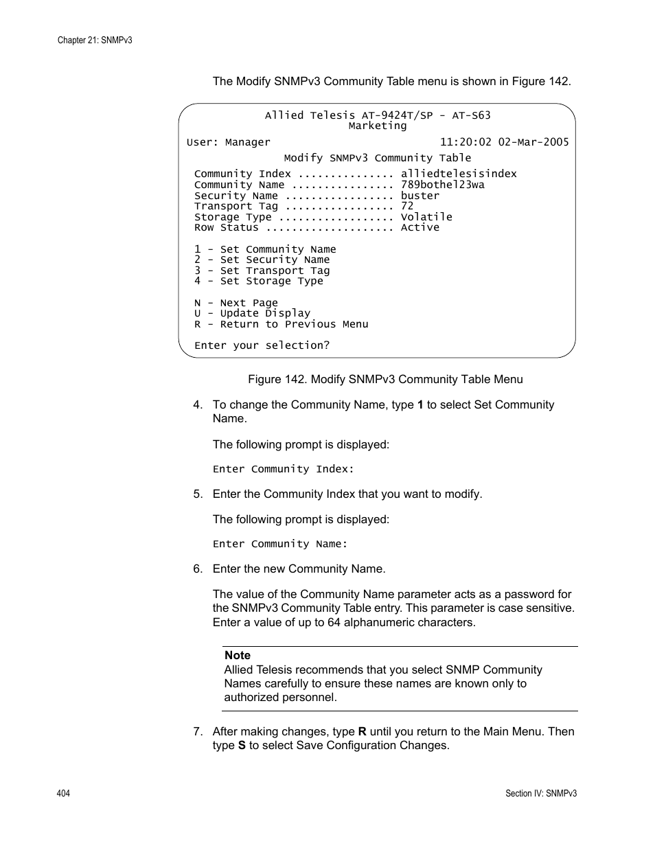Figure 142: modify snmpv3 community table menu | Allied Telesis AT-S63 User Manual | Page 404 / 668