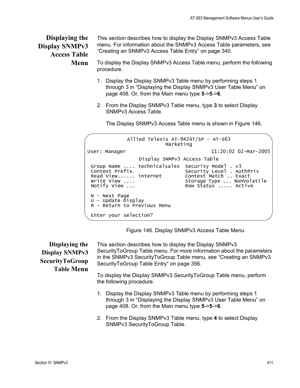 Displaying the display snmpv3 access table menu, Figure 146: display snmpv3 access table menu, Menu | Allied Telesis AT-S63 User Manual | Page 411 / 668
