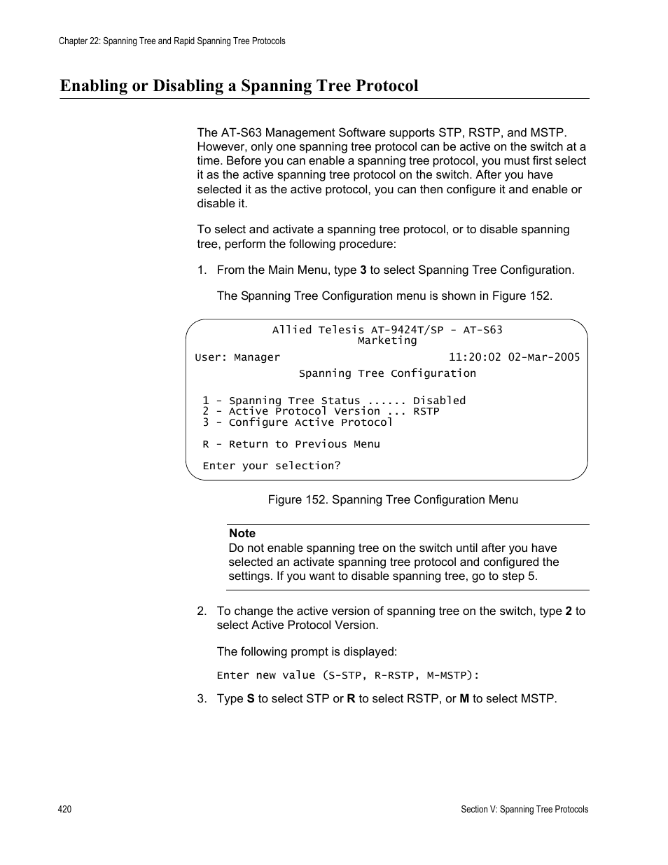 Enabling or disabling a spanning tree protocol, Figure 152: spanning tree configuration menu | Allied Telesis AT-S63 User Manual | Page 420 / 668