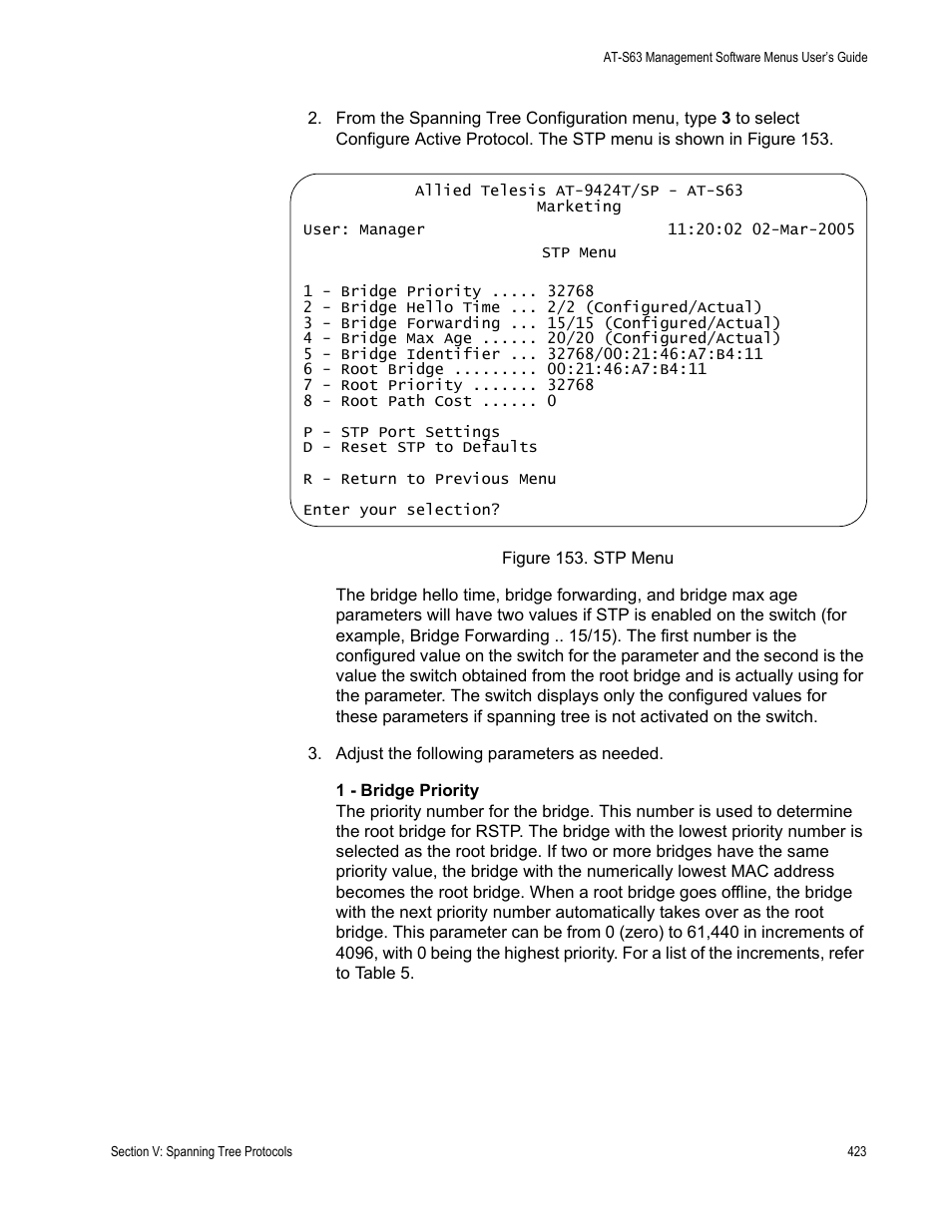 Figure 153: stp menu | Allied Telesis AT-S63 User Manual | Page 423 / 668