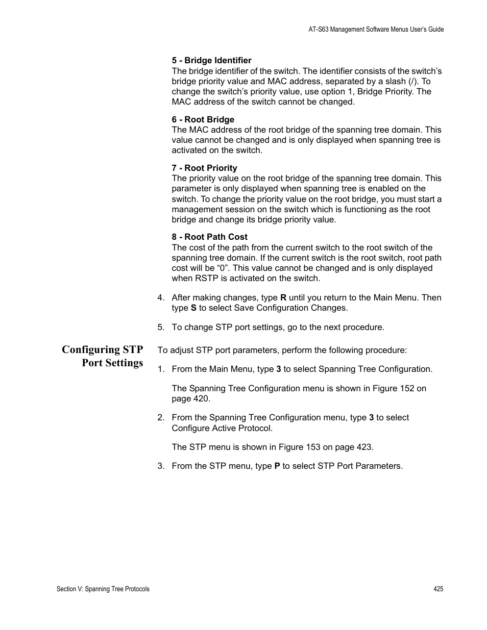 Configuring stp port settings | Allied Telesis AT-S63 User Manual | Page 425 / 668