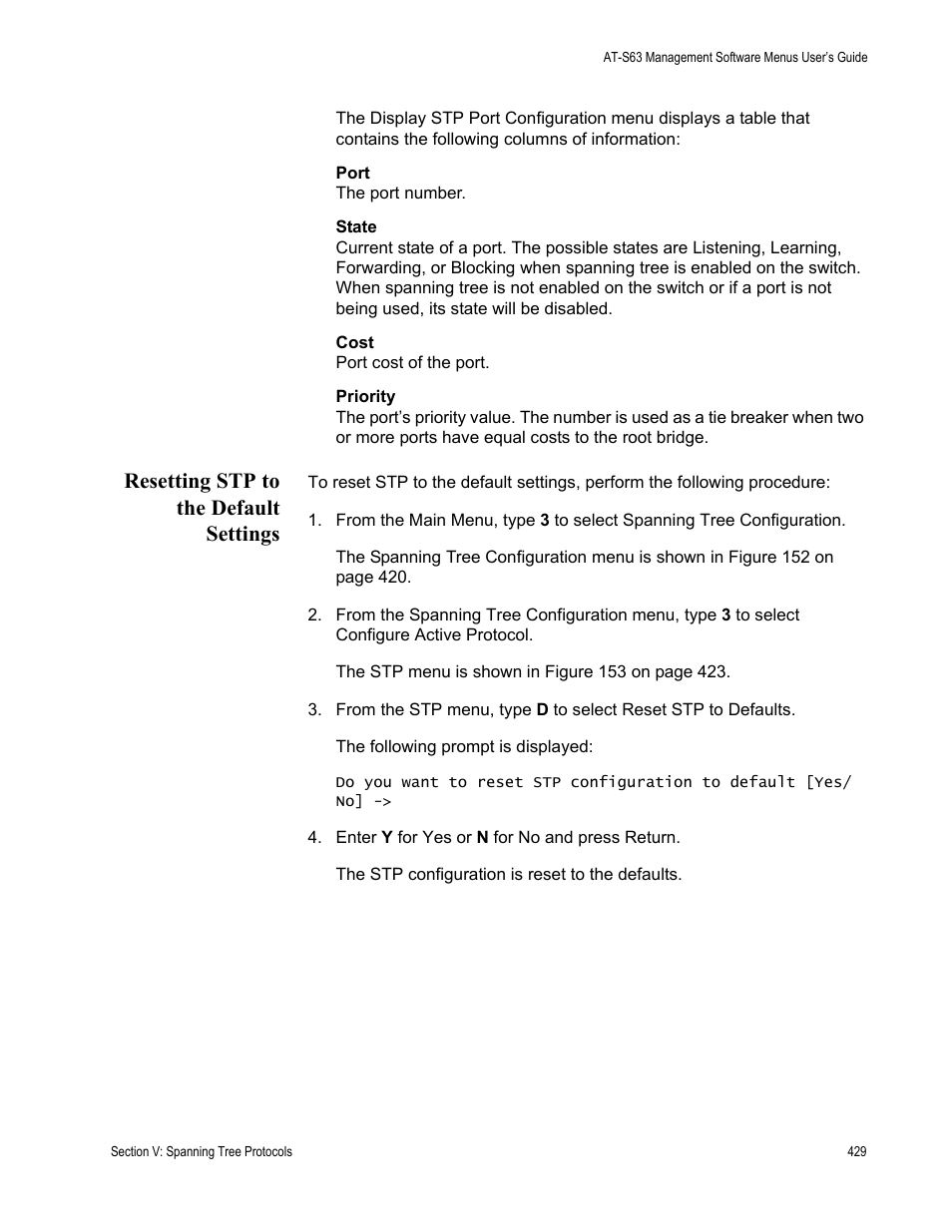Resetting stp to the default settings | Allied Telesis AT-S63 User Manual | Page 429 / 668