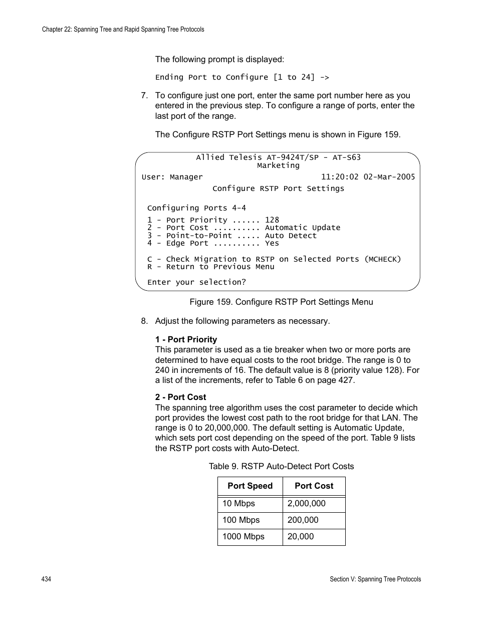 Figure 159: configure rstp port settings menu, Table 9: rstp auto-detect port costs | Allied Telesis AT-S63 User Manual | Page 434 / 668