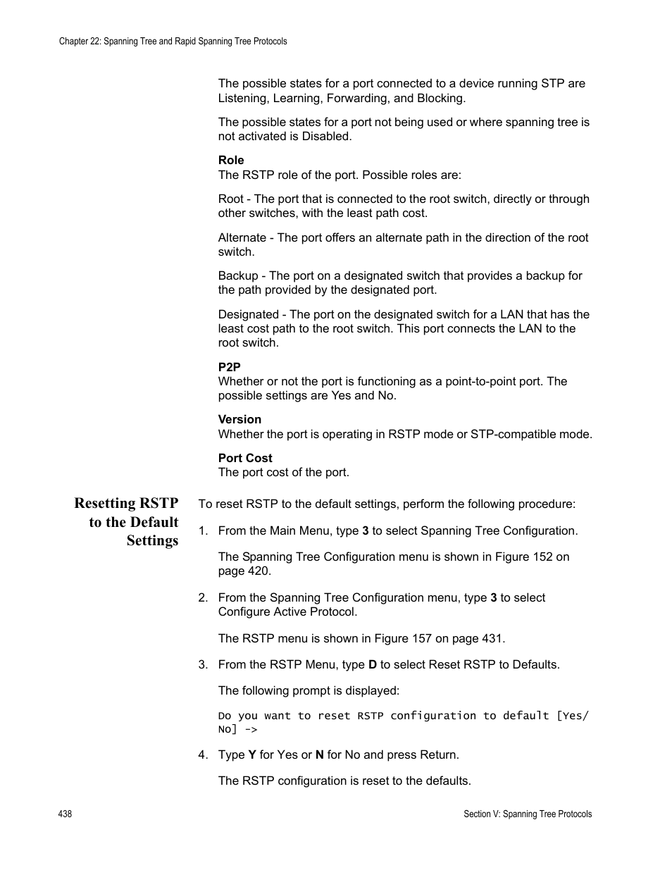 Resetting rstp to the default settings | Allied Telesis AT-S63 User Manual | Page 438 / 668