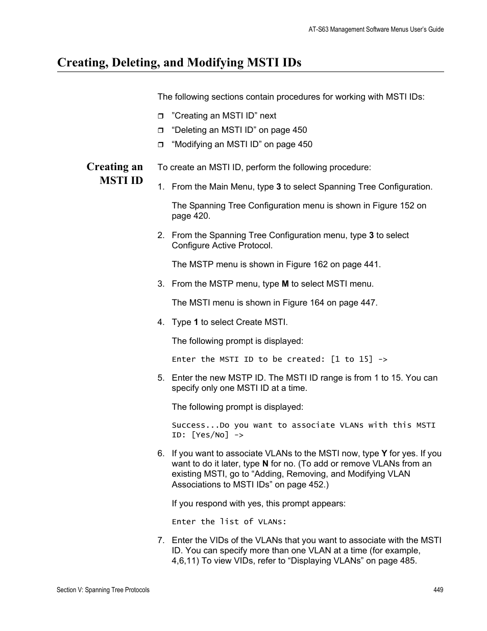 Creating, deleting, and modifying msti ids, Creating an msti id | Allied Telesis AT-S63 User Manual | Page 449 / 668