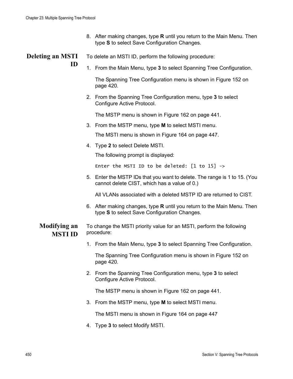 Deleting an msti id, Modifying an msti id, Deleting an msti id modifying an msti id | Allied Telesis AT-S63 User Manual | Page 450 / 668