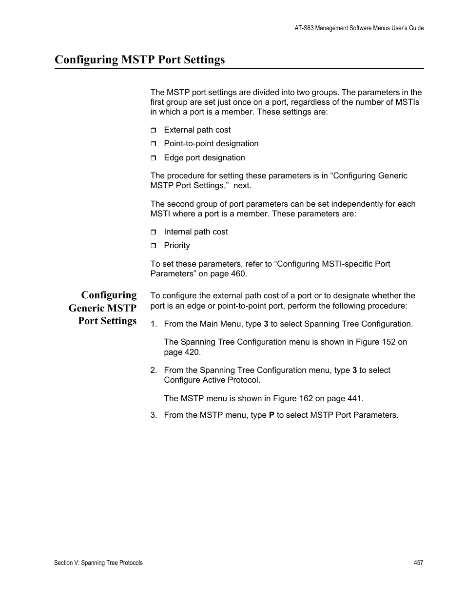 Configuring mstp port settings, Configuring generic mstp port settings | Allied Telesis AT-S63 User Manual | Page 457 / 668