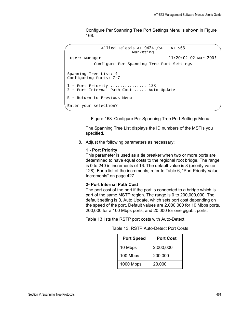 Table 13: rstp auto-detect port costs | Allied Telesis AT-S63 User Manual | Page 461 / 668