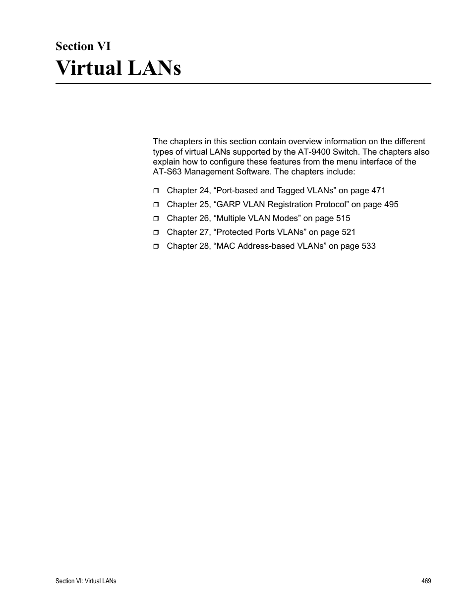 Section vi, Virtual lans, Section vi: virtual lans | Allied Telesis AT-S63 User Manual | Page 469 / 668