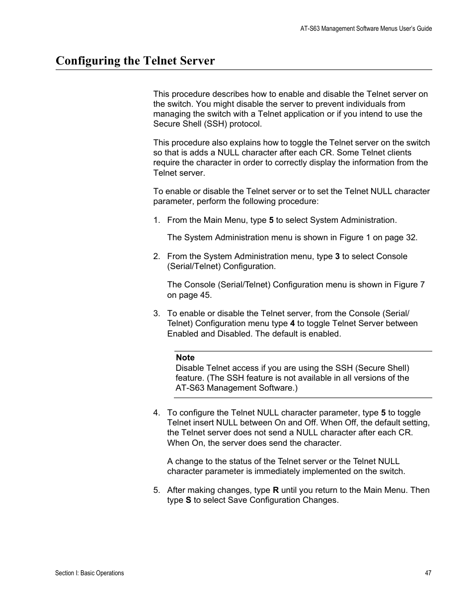 Configuring the telnet server | Allied Telesis AT-S63 User Manual | Page 47 / 668