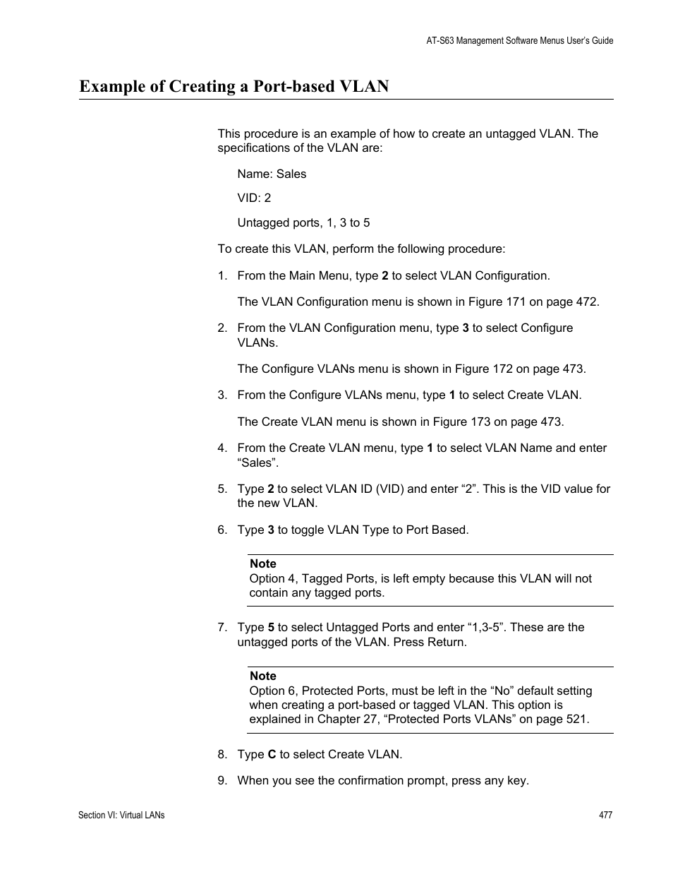 Example of creating a port-based vlan | Allied Telesis AT-S63 User Manual | Page 477 / 668