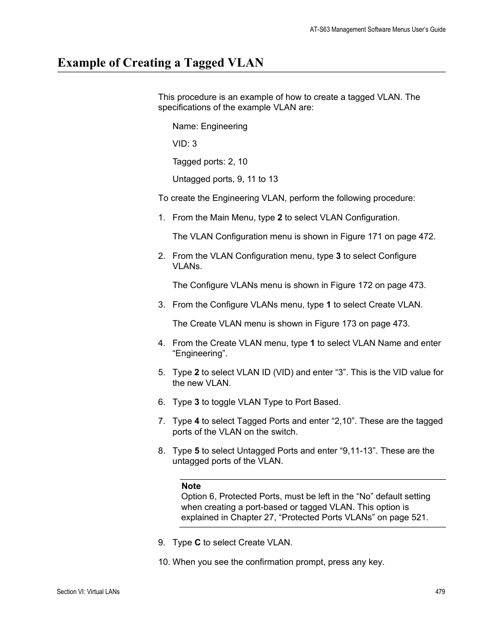 Example of creating a tagged vlan | Allied Telesis AT-S63 User Manual | Page 479 / 668