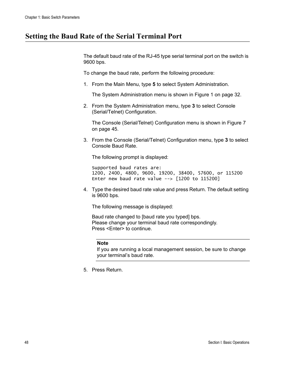 Setting the baud rate of the serial terminal port | Allied Telesis AT-S63 User Manual | Page 48 / 668