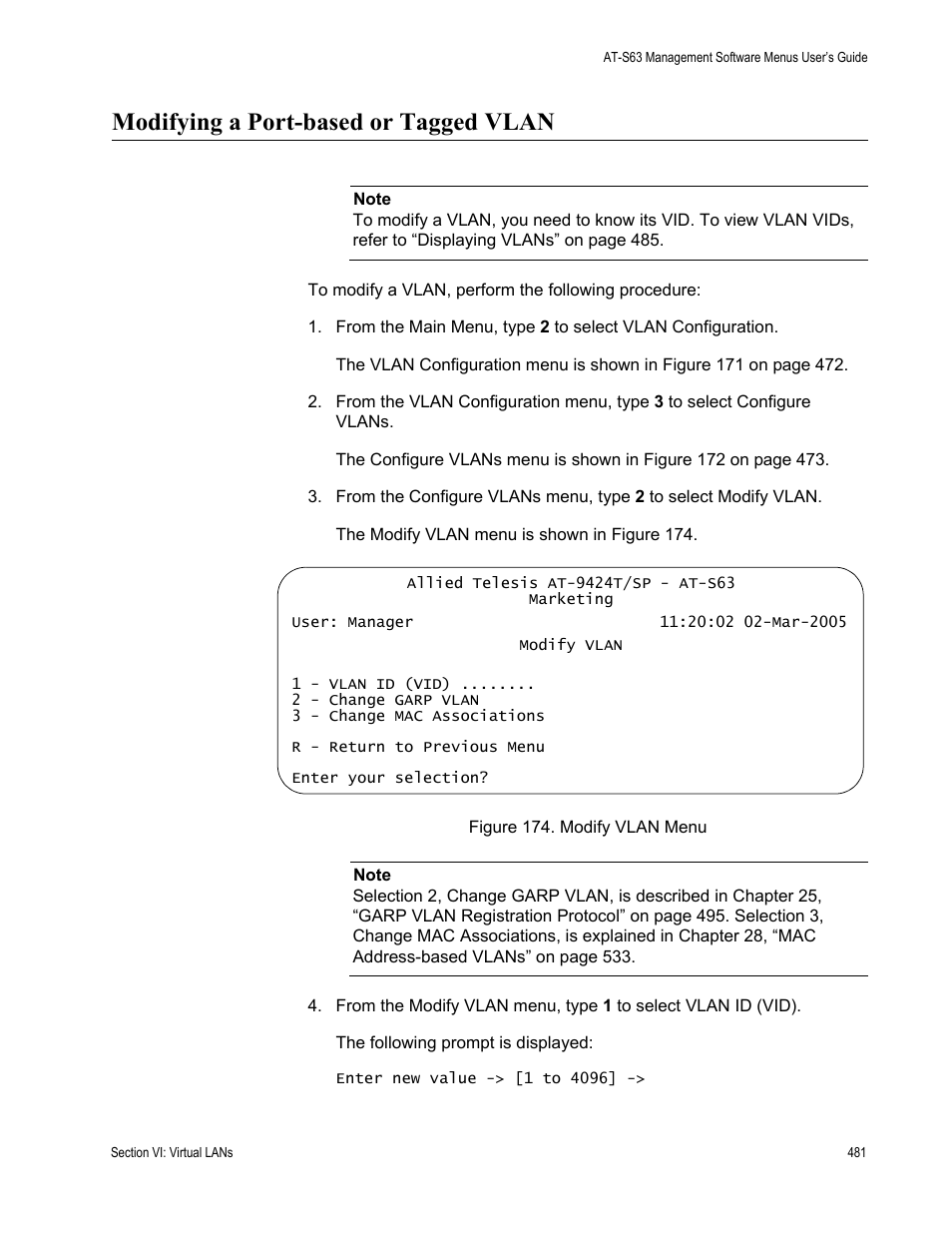 Modifying a port-based or tagged vlan, Figure 174: modify vlan menu | Allied Telesis AT-S63 User Manual | Page 481 / 668