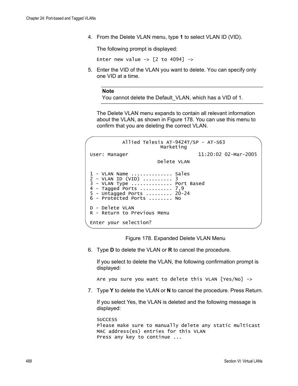 Figure 178: expanded delete vlan menu | Allied Telesis AT-S63 User Manual | Page 488 / 668