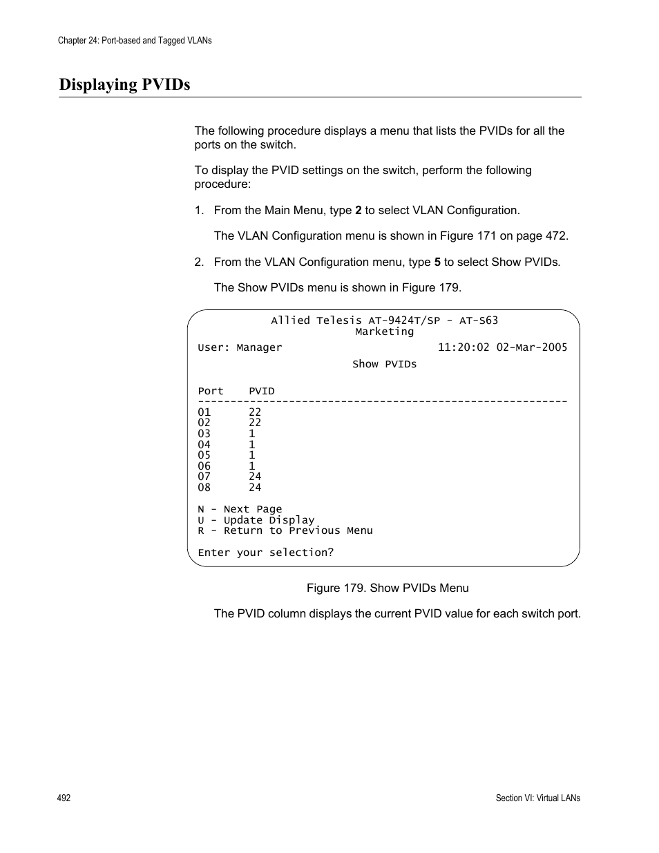 Displaying pvids, Figure 179: show pvids menu | Allied Telesis AT-S63 User Manual | Page 492 / 668