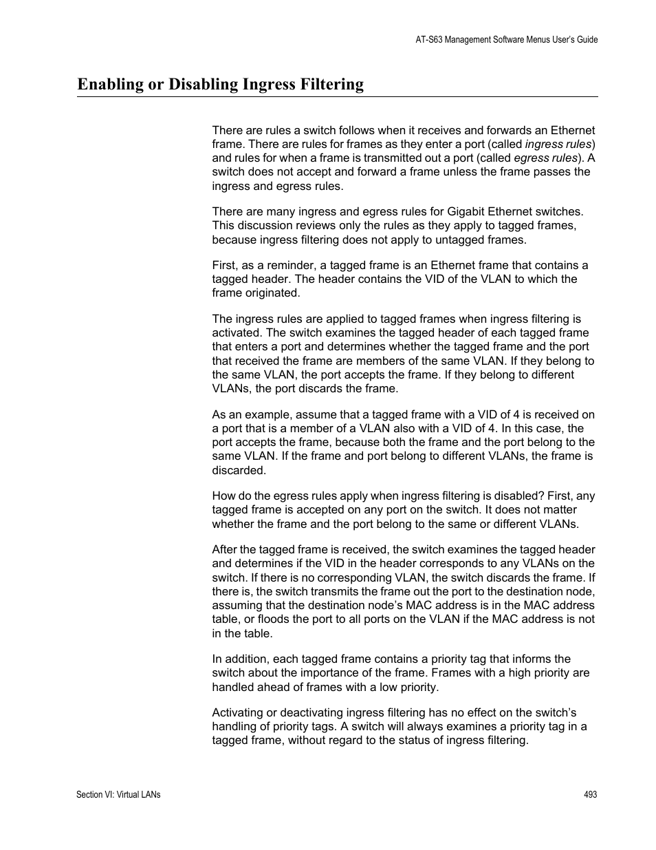 Enabling or disabling ingress filtering | Allied Telesis AT-S63 User Manual | Page 493 / 668