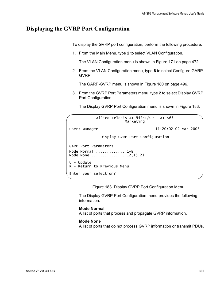 Displaying the gvrp port configuration, Figure 183: display gvrp port configuration menu | Allied Telesis AT-S63 User Manual | Page 501 / 668