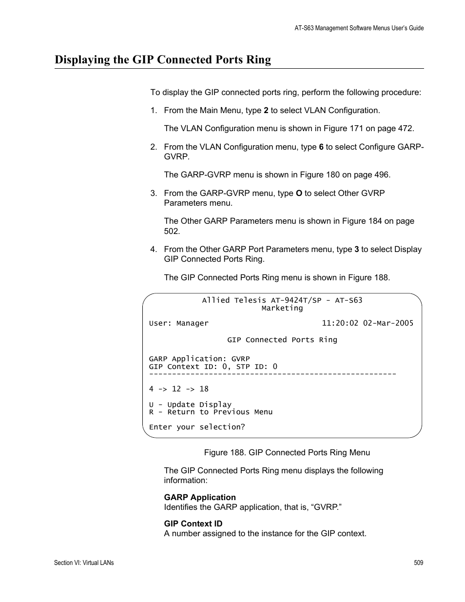 Displaying the gip connected ports ring, Figure 188: gip connected ports ring menu | Allied Telesis AT-S63 User Manual | Page 509 / 668