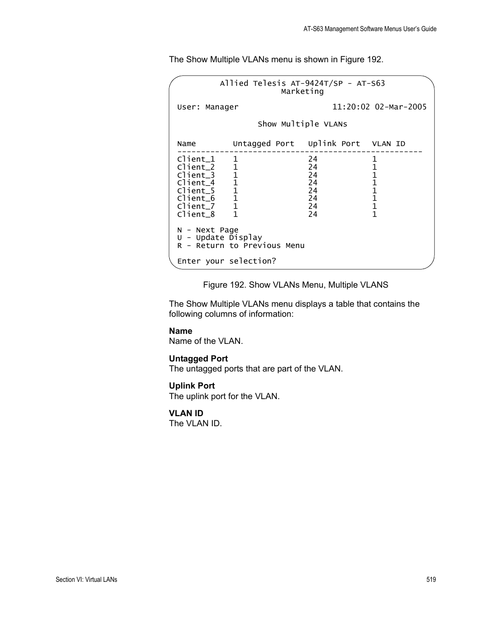 Figure 192: show vlans menu, multiple vlans | Allied Telesis AT-S63 User Manual | Page 519 / 668